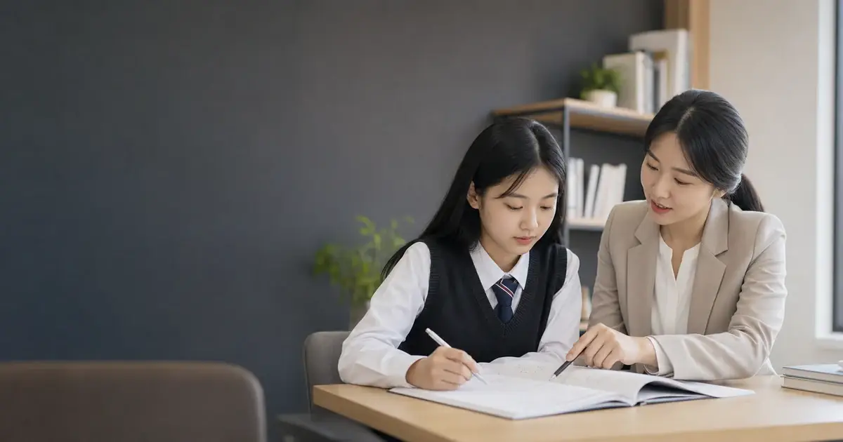선생님이 학생 옆에서 풀이 과정을 함께 확인하는 수업 모습